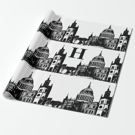 Papier Cadeau Londres Angleterre Élégant Monogramme noir blanc (Déroulé)