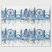 Papier Cadeau Londres skyline Angleterre bleu moderne aquarelle (Plat)