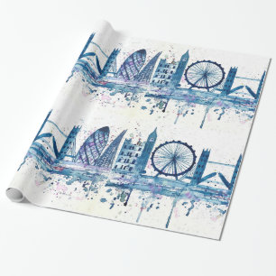 Papier Cadeau Londres skyline Angleterre bleu moderne aquarelle