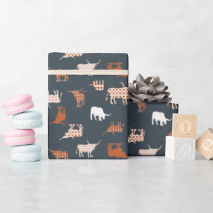 Papier Cadeau Longhorns à motifs Gris foncé et orange brûlé