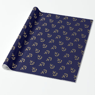 Papier Cadeau L'or ancre le motif d'arrière - plan de bleu