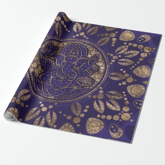 Papier Cadeau Lord Ganesha Dot Art Purple et Or (Déroulé)