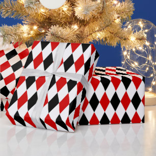 Papier Cadeau Losange Arlequin Rouge Blanc Noir