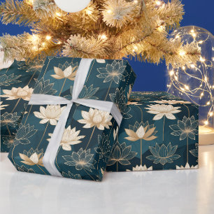 Papier Cadeau Lotus géométrique doré sur sarcelle