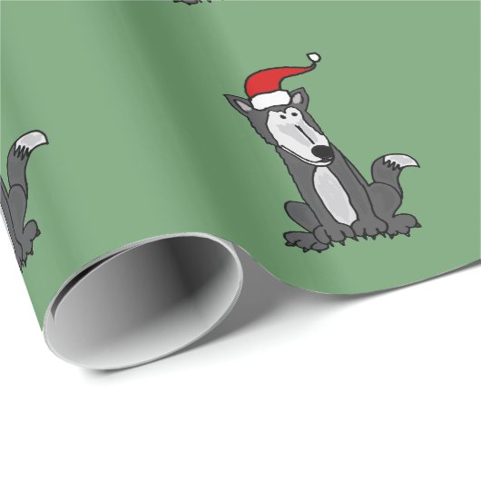 Papier Cadeau Loup gris drôle dans le casquette de Père Noël (Coin rond)
