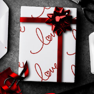 Papier Cadeau Love Heart Script   Simple typographie rouge sur b
