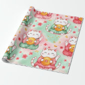 Papier Cadeau Lucky Charm Cats – Prosperity in Pastel Pattern (Déroulé)
