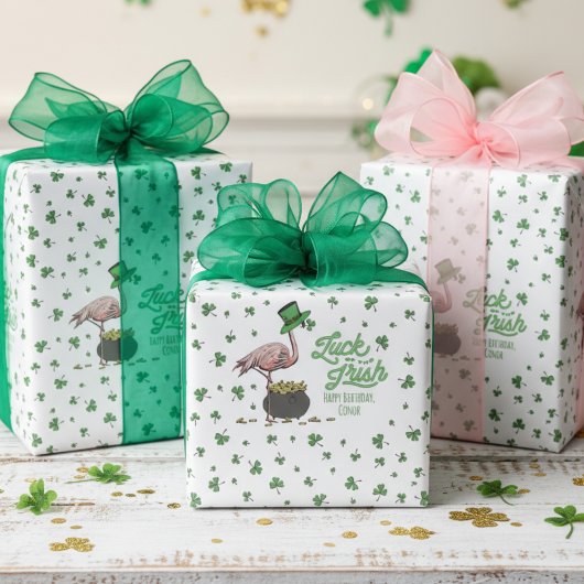 Papier Cadeau Lucky Flamingo Green Shamrock