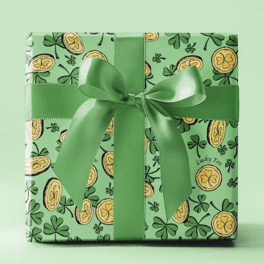 Papier Cadeau Lucky You Green Clover Gold Coins St Patrick's Day