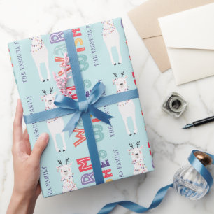 Papier Cadeau Lumières de Noël en forme de lama avec nom