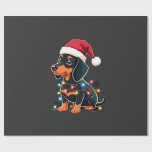 Papier Cadeau Lumières de Noël pour Teckel Chapeau de Père Noël 