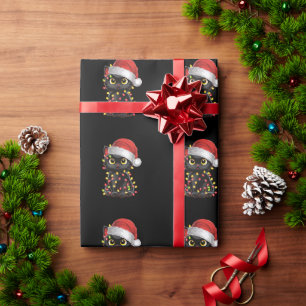 Papier Cadeau Lumières de sapin de Noël de chat noir drôle de ch