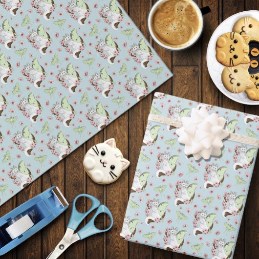 Papier Cadeau Luna Moth Moth Blanc Chat Vert