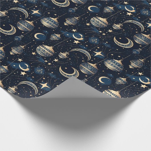 Papier Cadeau Lune bleue et or et lanternes (Coin)