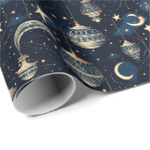 Papier Cadeau Lune bleue et or et lanternes (Coin rond)