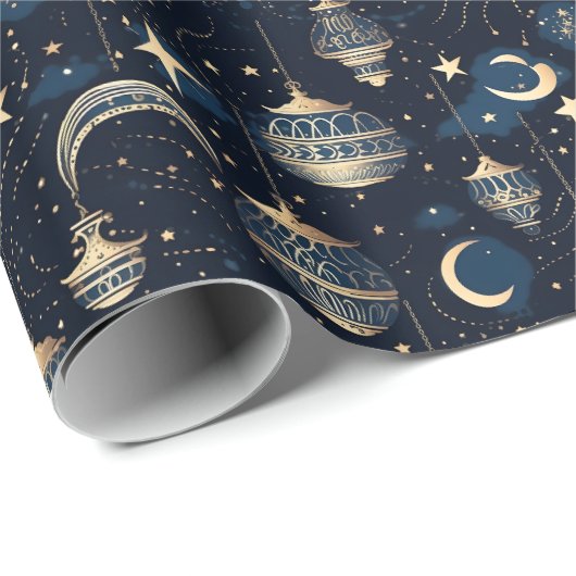 Papier Cadeau Lune bleue et or et lanternes (Coin rond)