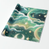 Papier Cadeau – Lune Céleste Vert Menthe Luxe (Déroulé)