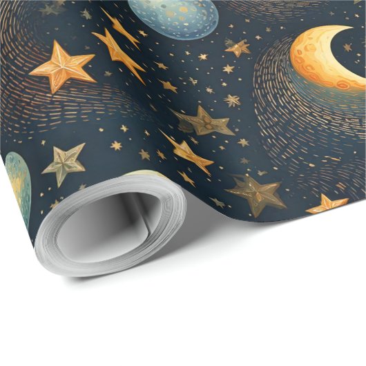 Papier Cadeau Lune et étoiles Celestial ID1080 (Coin rond)