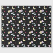Papier Cadeau Lune, étoiles et nuages Motif sur noir (Plat)