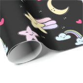 Papier Cadeau Lune, étoiles et nuages Motif sur noir (Coin rond)