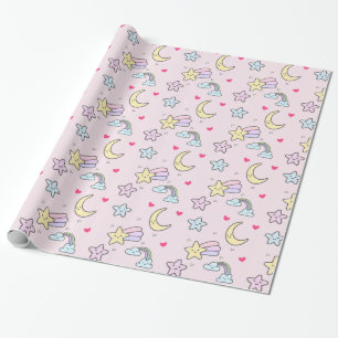 Papier Cadeau Lune, étoiles et nuages Motif sur Pastel Pink