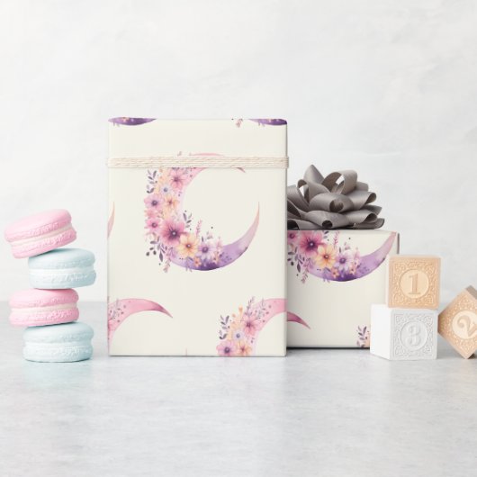Papier Cadeau Lune rose Croissant avec Jolie Fleurs Motif (Baby Shower)