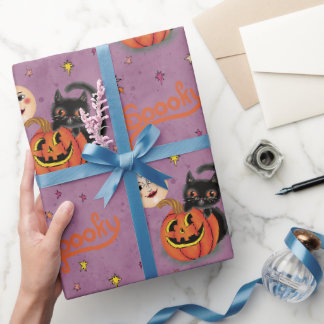 Papier Cadeau Lunes Citrouilles rétro Éffrayant Kitten sur viole
