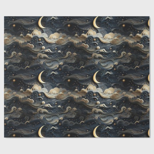 Papier Cadeau Lune's Journey : Celestial 3D Night Sky Design (Plat)