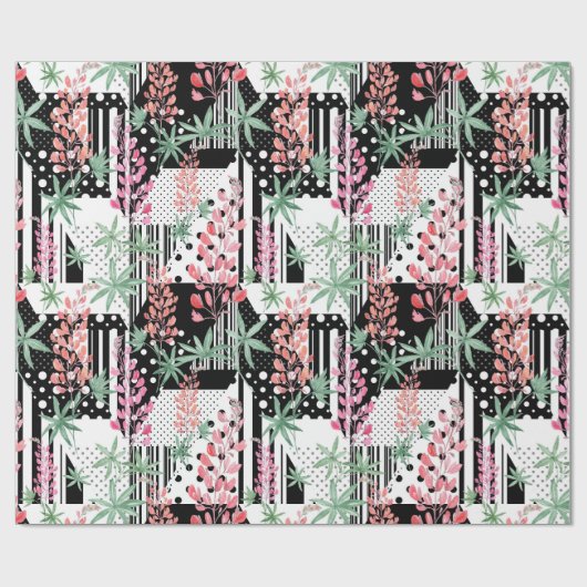 Papier Cadeau Lupines sur un patchwork arrière - plan noir et bl (Plat)