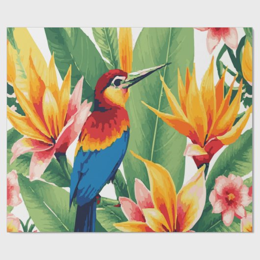 Papier Cadeau Lush Tropical Plants with Exotic Bird Pattern (Plat)