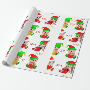 Papier Cadeau Lutins de Noël mignons sur fond blanc