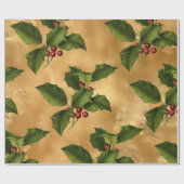 Papier Cadeau Luxe Gold Faux Foil, Green Holly, Red Berries (Plat)