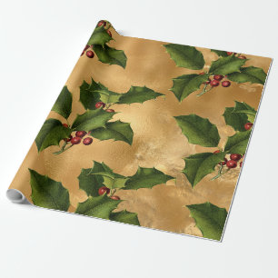Papier Cadeau Luxe Gold Faux Foil, Green Holly, Red Berries