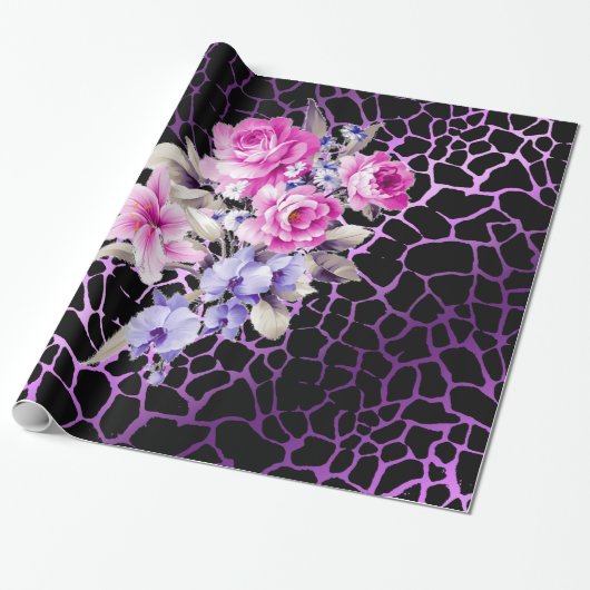 Papier Cadeau Luxe moderne violet Rose noir Tigar (Déroulé)
