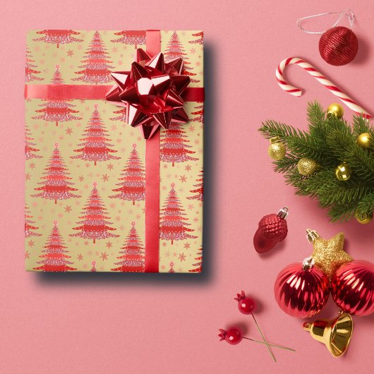 Papier Cadeau Luxe Red Gold Motif sapin de Noël