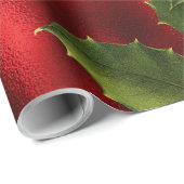 Papier Cadeau Luxe Rouge Faux Foil, Green Holly, Berries rouges (Coin rond)