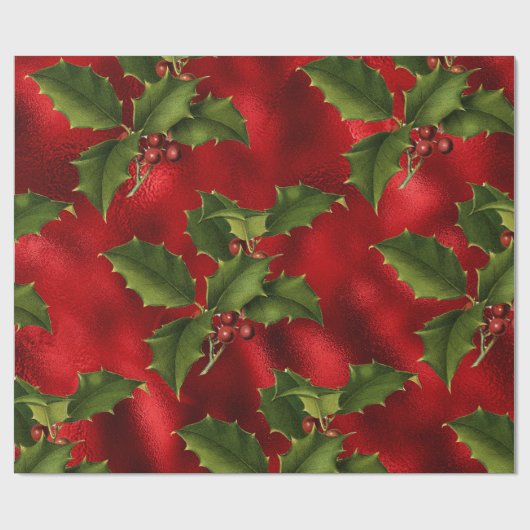 Papier Cadeau Luxe Rouge Faux Foil, Green Holly, Berries rouges (Plat)