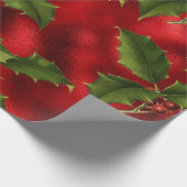 Papier Cadeau Luxe Rouge Faux Foil, Green Holly, Berries rouges (Coin)