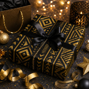 Papier Cadeau Luxueux afrocentrique noir et or géométrique triba