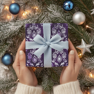 Papier Cadeau Luxueux Motif de Noël violet et argent