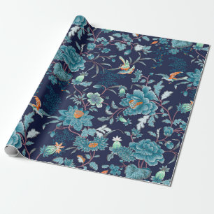 Papier Cadeau Luxueux Peony Bleu Japonais et oiseaux Romantique