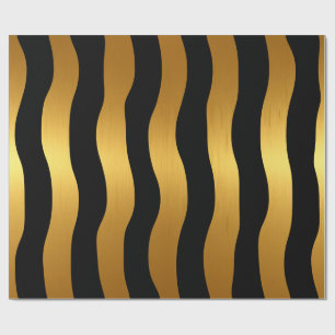 Papier Cadeau Luxueux rayures ondulées noir et or moderne