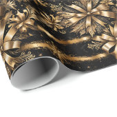 Papier Cadeau Luxueux Snowflakes Black Gold Bow Noël (Coin rond)