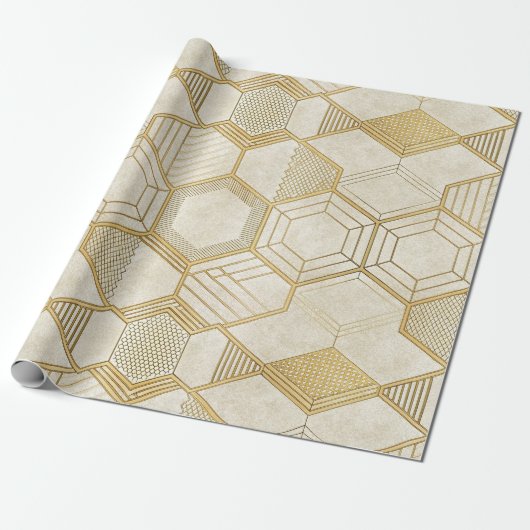 Papier Cadeau Luxurious Gold Hexagon Pattern - Marble Texture 2 (Déroulé)