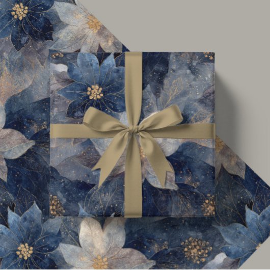 Papier Cadeau Luxury Christmas Blue and White Poinsettia Gift 