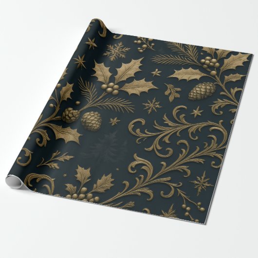 Papier Cadeau Luxury Gold & Navy Gilded Botanical Christmas (Déroulé)