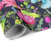 Papier Cadeau Lys Roses Et Oiseaux Bleus (Coin rond)