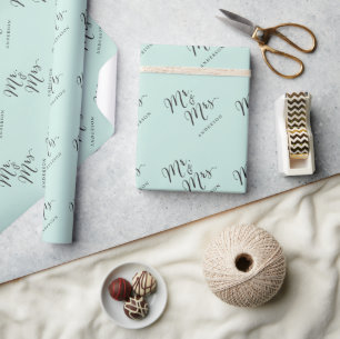 Papier Cadeau M. et Mme Calligraphie Nom personnalisé Bleu Aqua