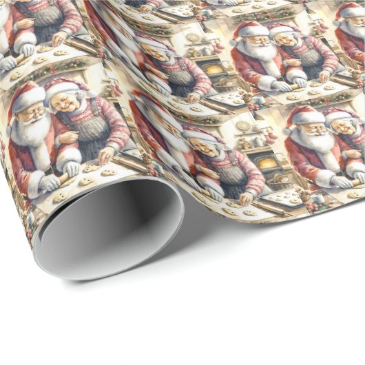 Papier Cadeau M. et Mme Claus Baking Cookies Custom Christmas (Coin rond)