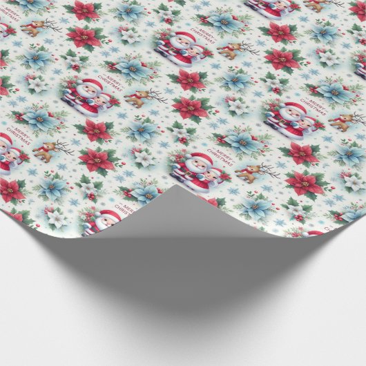 Papier Cadeau M. et Mme Claus, Rudolph, Poinsettias et Holly (Coin)